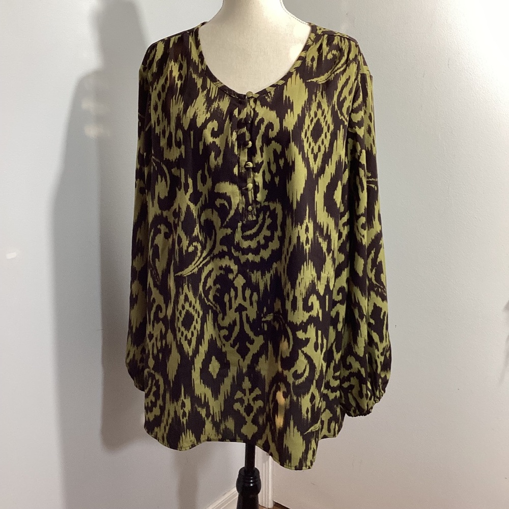 NWOT BELLE by KIM GRAVELL WOMAN PLUS 3X TUNIC BOHO AZTEC BROWN OLIVE BUTTON